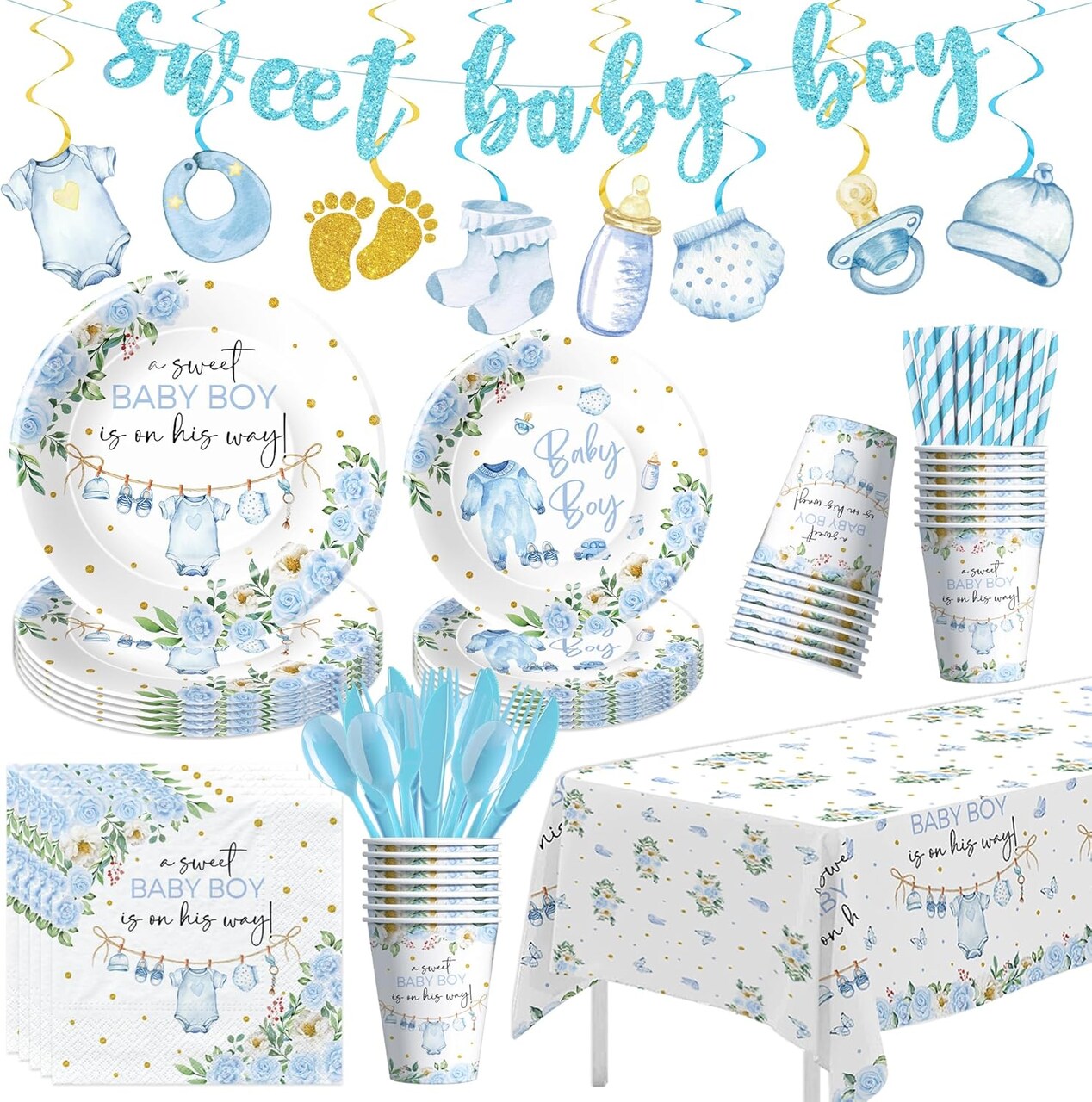 Boy Blue Floral Baby Shower Decorations & Tableware Set – Serves 24 Guests (Blue)